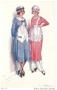 Parisiennes en bonnets. Femme en bleu et femme en rouge