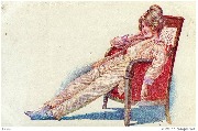 Sourires de Paris. Femme en pyjama de soie assise dans un fauteuil rouge