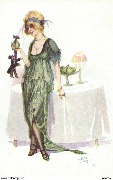 Femmes et Fruits. Femme debout près d'une table ovale avec un présentoir de poires 