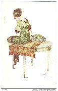 Femmes et Fruits. Femme assise sur une table ovale avec une corbeille de pommes