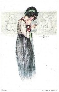 Femme effeuillant une marguerite en blouse blanche et jupe bleue