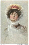Femme au chapeau de paille tenu par un voile blanc