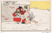 Heureuse Année! (3 cochons s'enfuient dans la neige devant 2 enfans portant des cadeaux)
