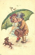Couple d'enfant sous un grand parapluie avec chien et deux oiseaux