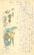 Badauds en balade sous la pluie avec parapluie