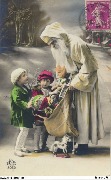 (St. Nicolas présentant des jouets à 2 enfants)