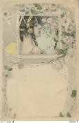 (femme à la natte se regardant dans un miroir - décor Art Nouveau)