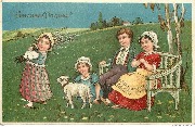 Joyeuses Pâques (3 fillettes et un garçon autour d'un agneau dans un pré)