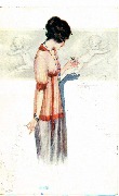 Femme effeuillant une marguerite-robe orange-angelots dos à dos