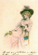 Femme blonde assise,roses jaunes à la main 