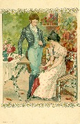 Couple à une terrasse, elle assise, lui debout sur décor de marguerites