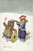 Bonne année. Chats humanisés. Musiciens dans la neige