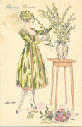 Bonne Année(Femme en jaune composant un bouquet de mimosas)