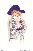 Femme à la veste à damier ajustant une fleur à la boutonnière