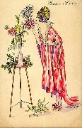 Bonne Année (Femme respirant vase de chrysanthèmes en peignoir rose)