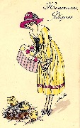 Marchande en robe jaune admirant trois poussins. Heureuses Pâques