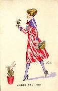 Porte Bonheur Femme en robe rouge et petit panier à la main