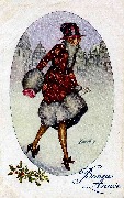 Femme en manteau rouge à fleurs sous la neige 