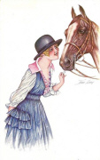 Femme donnant un sucre au cheval