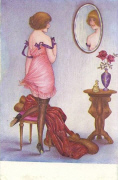 Femme légèrement vêtue s'admirant dans un miroir