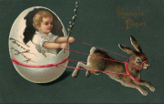 Lapin tirant un oeuf avec enfant et branche de saule