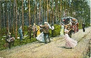 Scène de fête dansante sur un chemin forestier