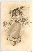 Femme tenant chapeau avec quatre angelots