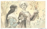 Deux dames dans bois, bouquet de primevère et saule à la main