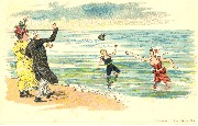 Monsieur dont le chapeau s'envole sur la mer, deux baigneuses essaient de le rattraper