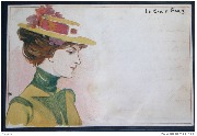 Femme au chapeau type canotier jaune avec fleurs rouges