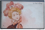 Femme aux plumes roses avec gros noeuds rose autour du cou