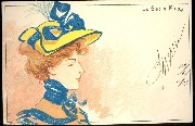 Femme au chapeau jaune avec ruban bleu