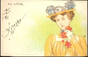 Femme à la robe et chapeau jaune avec fleurs bleues