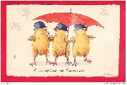 Trois poussins casqués sous un parapluie.. Le parapluie de l'escouade