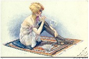 Les Plaisirs permis. Femme assise sur un tapis faisant des bulles de savon