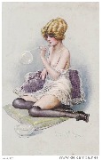 Les Plaisirs permis. Femme assise sur un coussin violet soufflant une bulle de savon