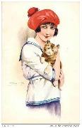 Femme au bonnet rouge et chat tigré blond