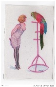 Perruche et perroquet. Femme en nuisette et cigarette en bouche devant un perroquet sur son perchoir