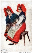 Costumes d'Alsaciennes. Deux Alsaciennes assises en conversation