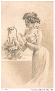 Jeune femme devant un panier de roses avec un couple de tourterelles