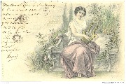 Jeune fille sur un banc jouant du luth