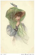 Jeune femme avec un voile vert noué sur son chapeau de paille