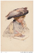 Jeune femme écrivant, avec un chapeau orné d'une bécasse