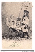 Deux bébés nus assis sur des cigognes et conduites par une jeune fille