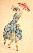 Coquette à la robe bleue, chapeau à plume et ombrelle rose