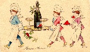 Trois marmitons portant bouteille de champagne et petits coeurs