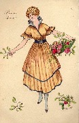 Femme avec un panier de fleurs semant du gui