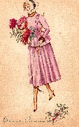Femme tenant bouquet de grosse fleurs et sa canne sous le bras