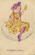 Femme en robe jaune tenant un poussin sur la main et assise surun oeuf géant