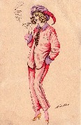 Femme debout fumant la pipe en pyjama rose